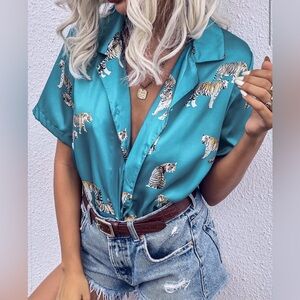 SHEIN | Size Small | Teal Satin Tiger Print Button-Up Top | Never Worn
